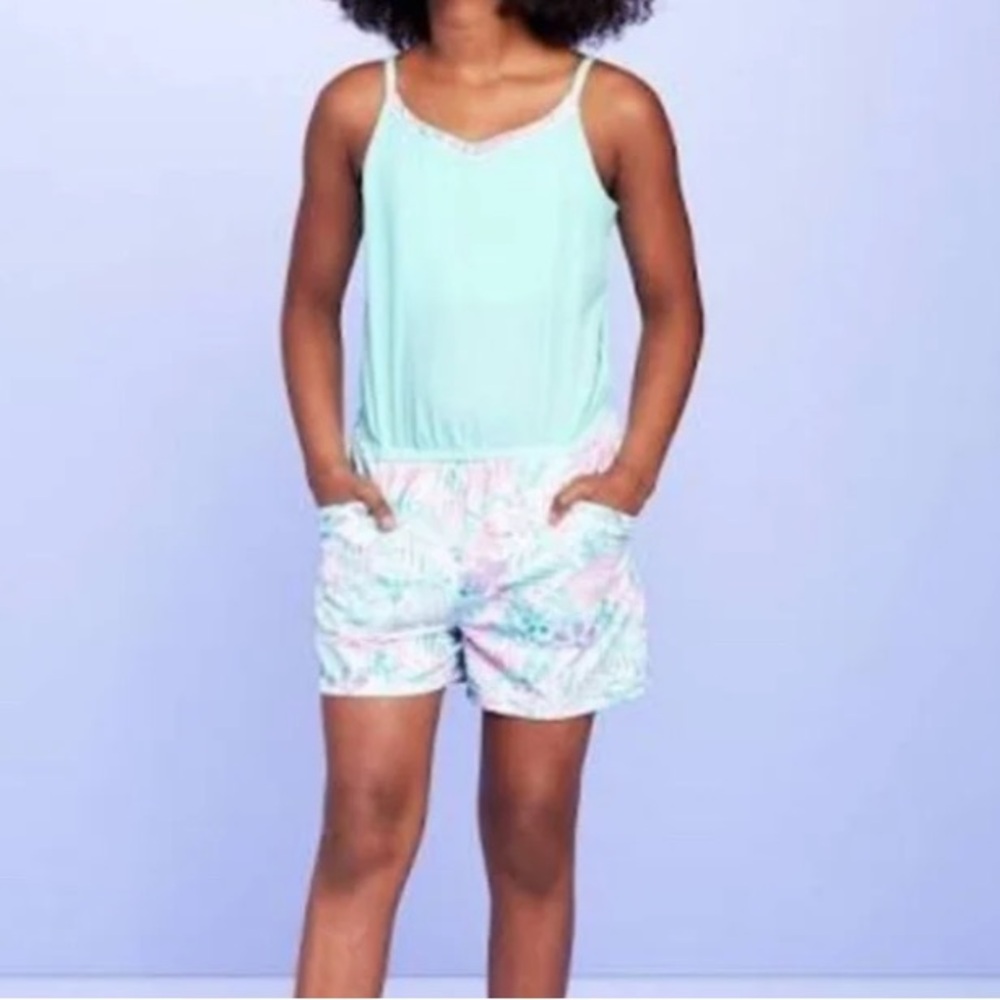 More Than Magic Girls Floral Romper Aqua Size 10/12 NWT